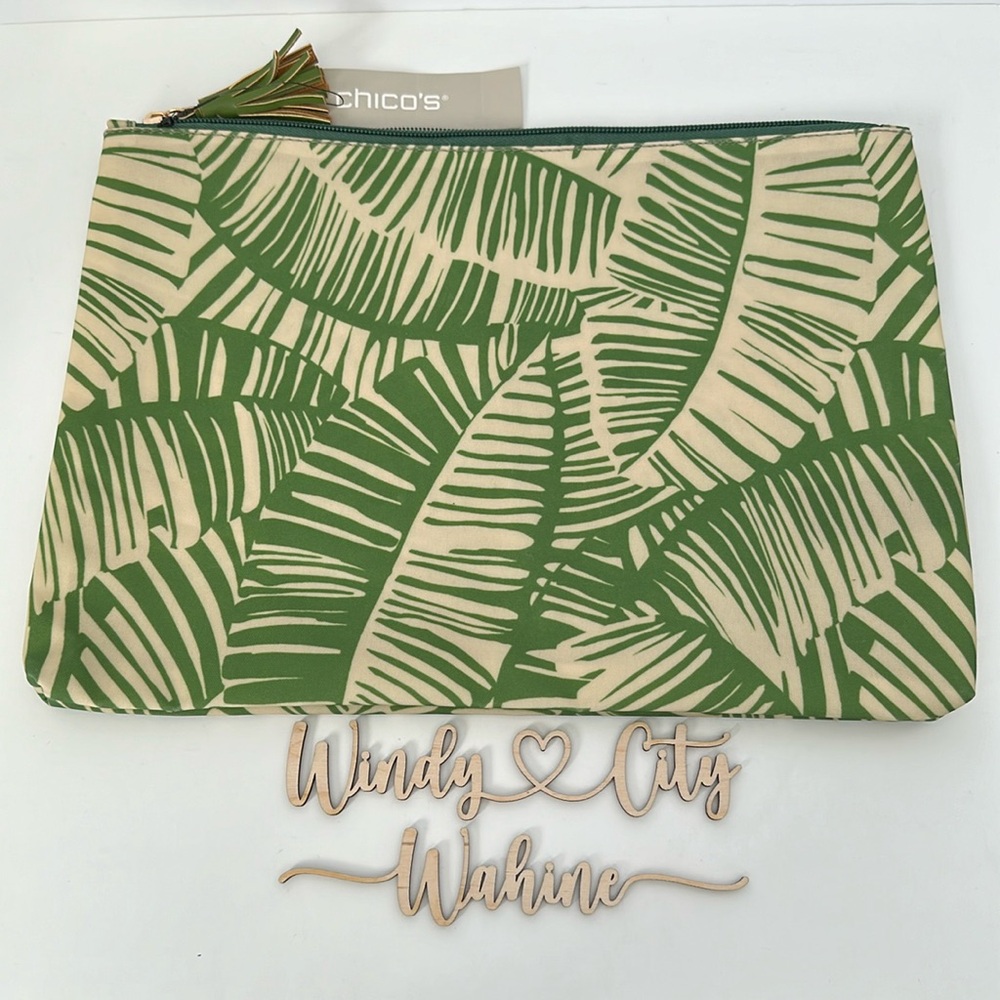 Chico's Green Leaf Print Zip Pouch